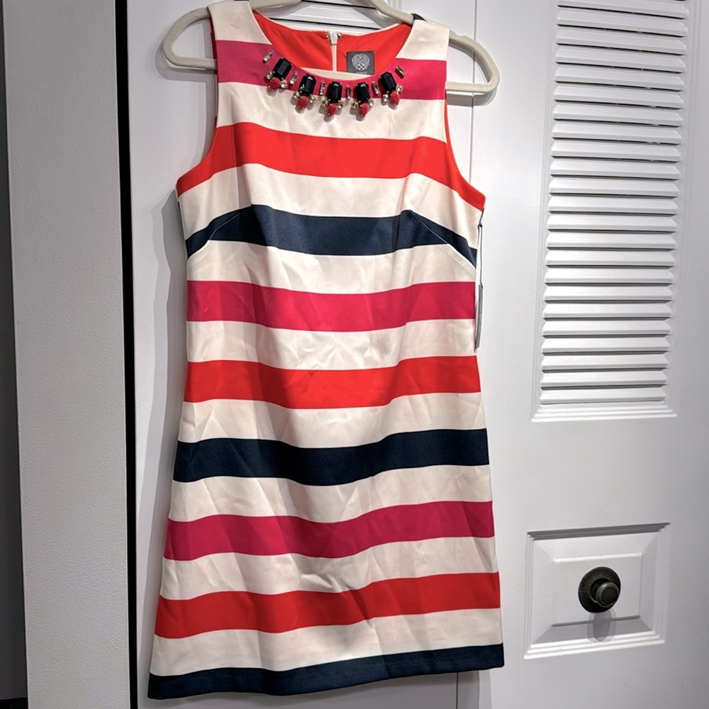 NWT. Vince Camuto sleeveless multicolor stripe dress. Size S. P2P 18
